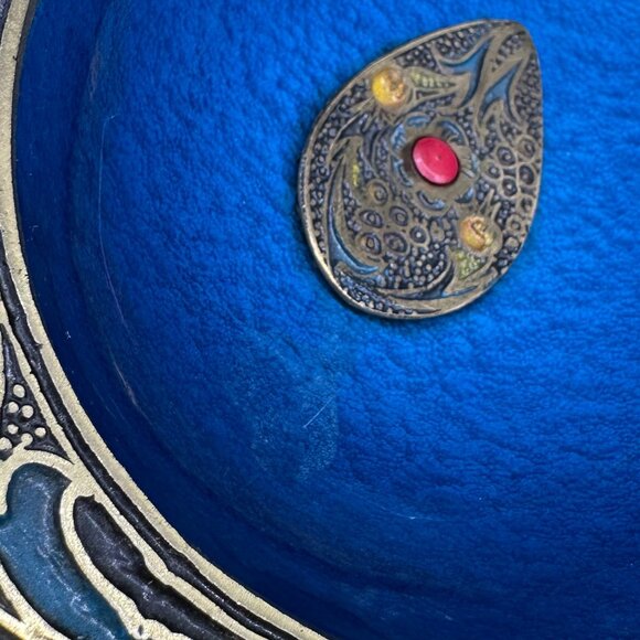 Vintage Brass Enamel Wheelbarrow Trinket Dish Israel Blue Gold Centerpiece Bowl - Picture 9 of 12